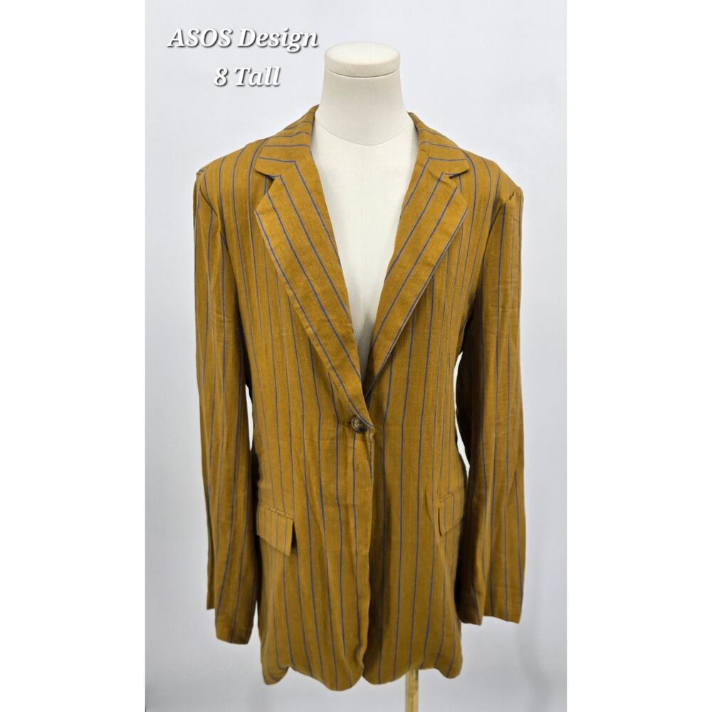 ASOS DESIGN‎ Tall Linen Blend Striped Blazer – Mustard with Blue Pinstripes